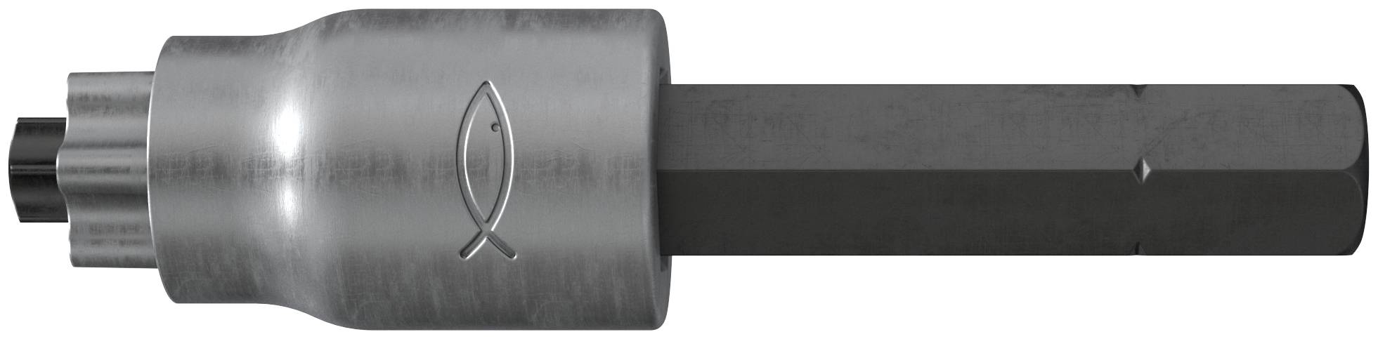 Outil ou adaptateur automobile en métal avec un corps cylindrique argenté, une tige noire et un logo gravé sur fond blanc.