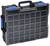 Un coffret de transport noir avec des compartiments transparents pour le rangement des outils ou des petites pièces, avec des fermetures surlignées en bleu.