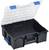 Boîte de rangement noire en plastique avec couvercle ouvert et transparent, poignées bleues et structure compartimentée à l'intérieur.