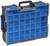 Organisateur noir et bleu avec couvercle transparent et poignée, comprenant plusieurs compartiments pour le rangement de petits objets.