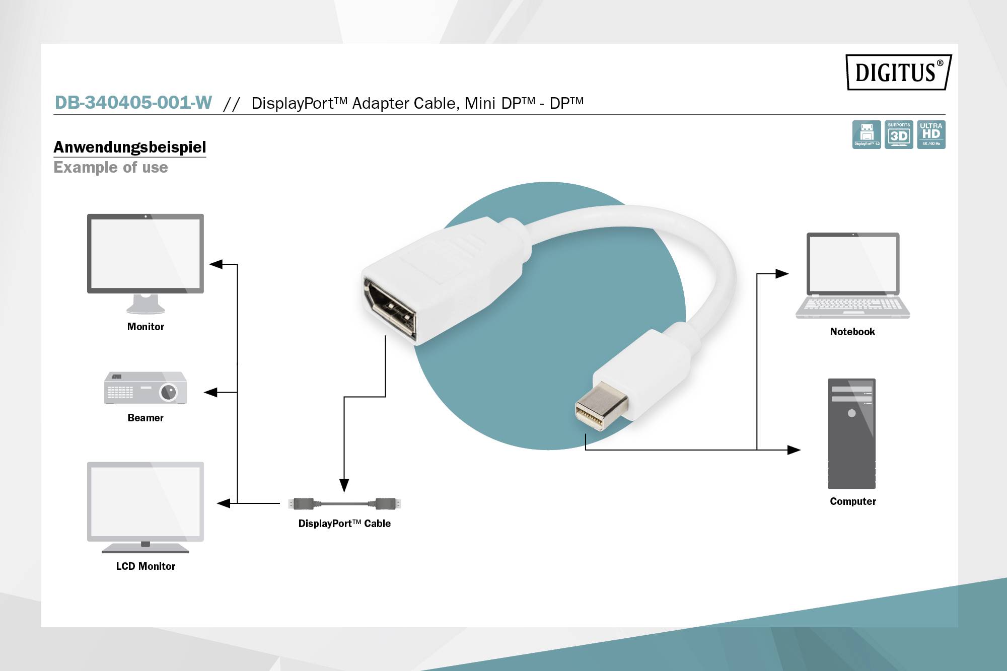 Câble adaptateur DisplayPort, Mini DPM vers DPM. Représentation graphique de la connexion de moniteurs, d'un ordinateur portable et d'un ordinateur via le câble.