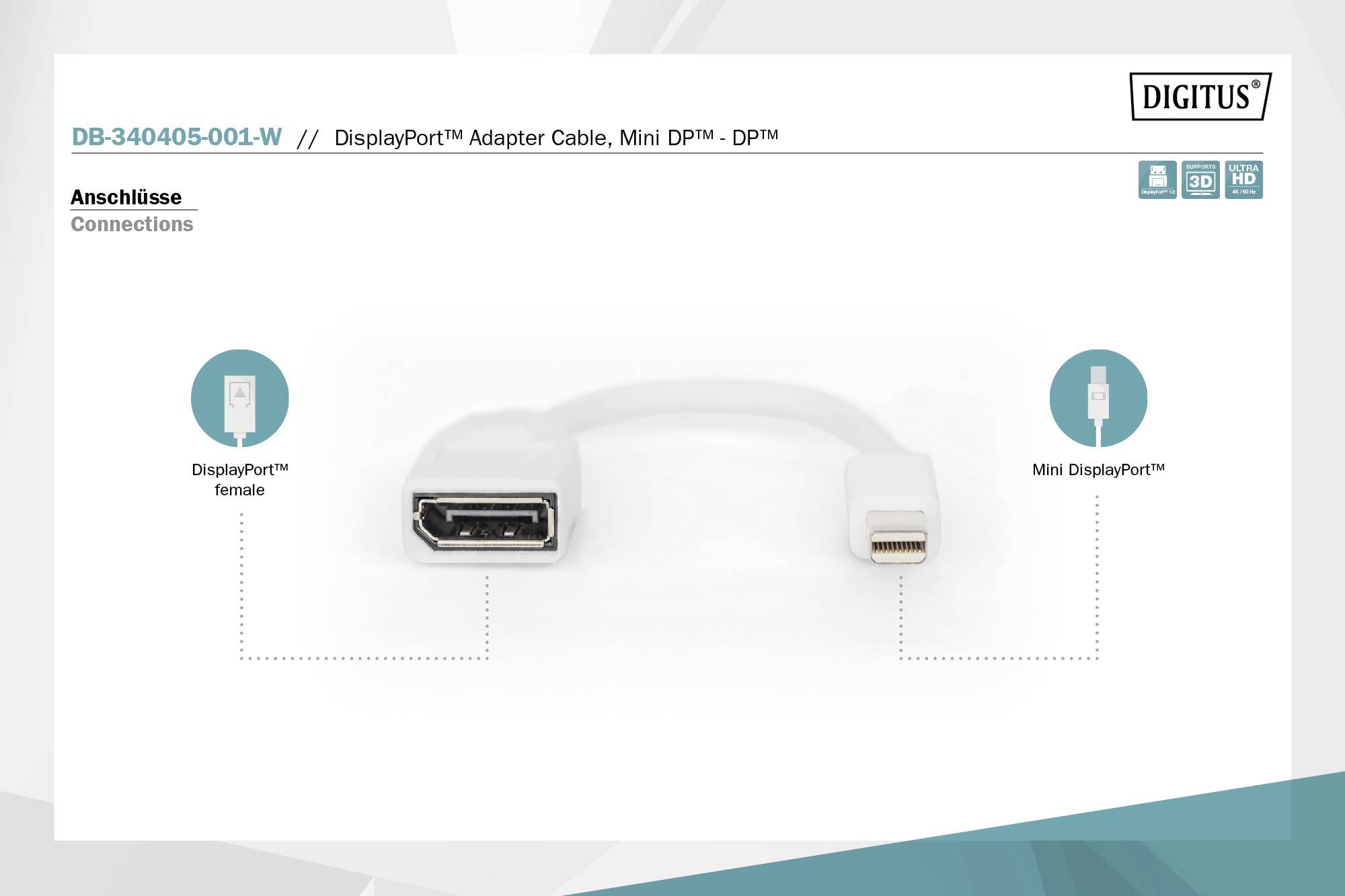 Un câble adaptateur DisplayPort vers Mini DisplayPort est présenté, avec des extrémités étiquetées : à gauche « DisplayPort Femelle » et à droite « Mini DisplayPort Mâle ».