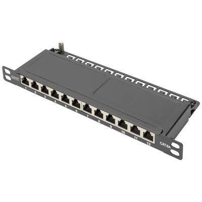 'Panneau de brassage avec 12 ports Ethernet, numérotés de 1 à 12, surface noire.'