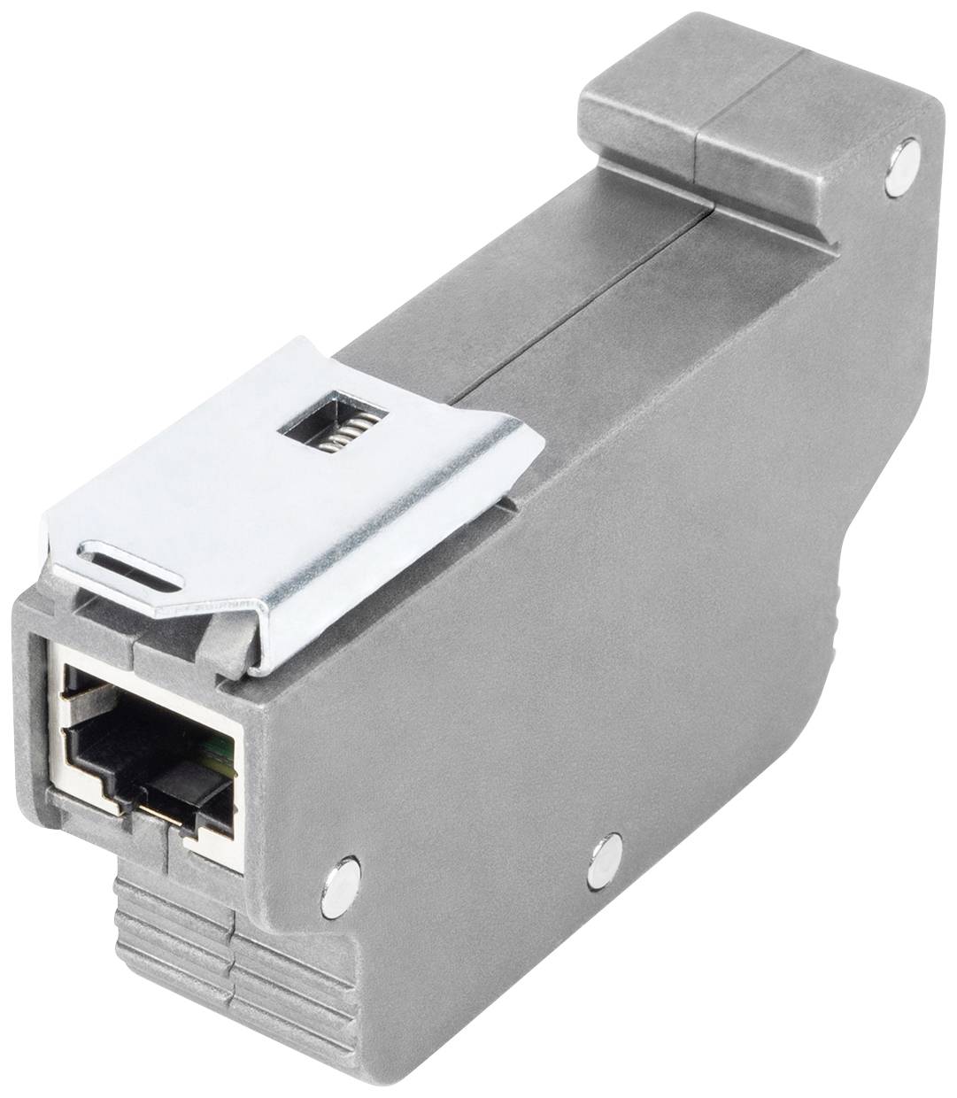 Un module réseau argenté, rectangulaire, avec port RJ45 et agrafe métallique, conçu pour les connexions Ethernet dans les applications de réseau.