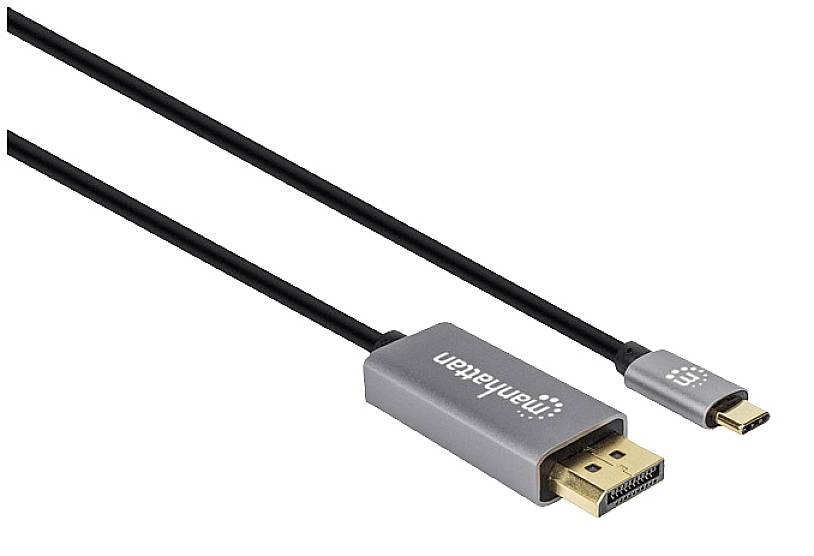Un câble HDMI vers USB-C avec des connecteurs gris. Étiqueté 'manhattan' sur le connecteur HDMI.
