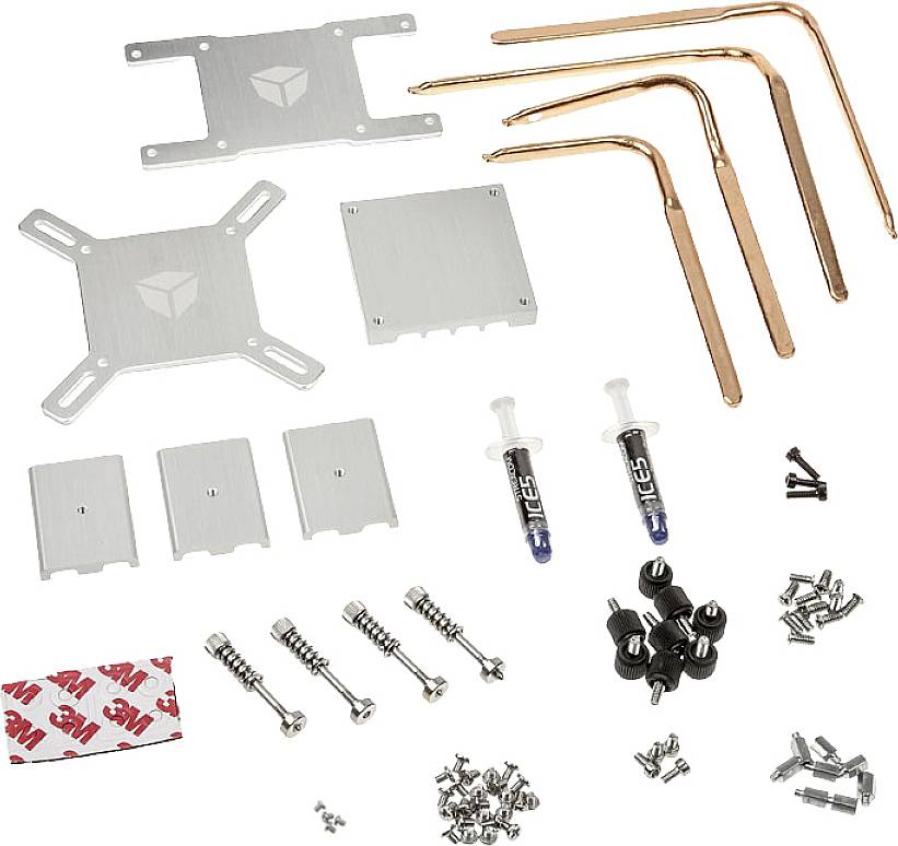 Contient des composants de refroidissement pour ordinateur : pâte thermique, tubes de chaleur en cuivre, dissipateurs thermiques en aluminium, vis et supports.