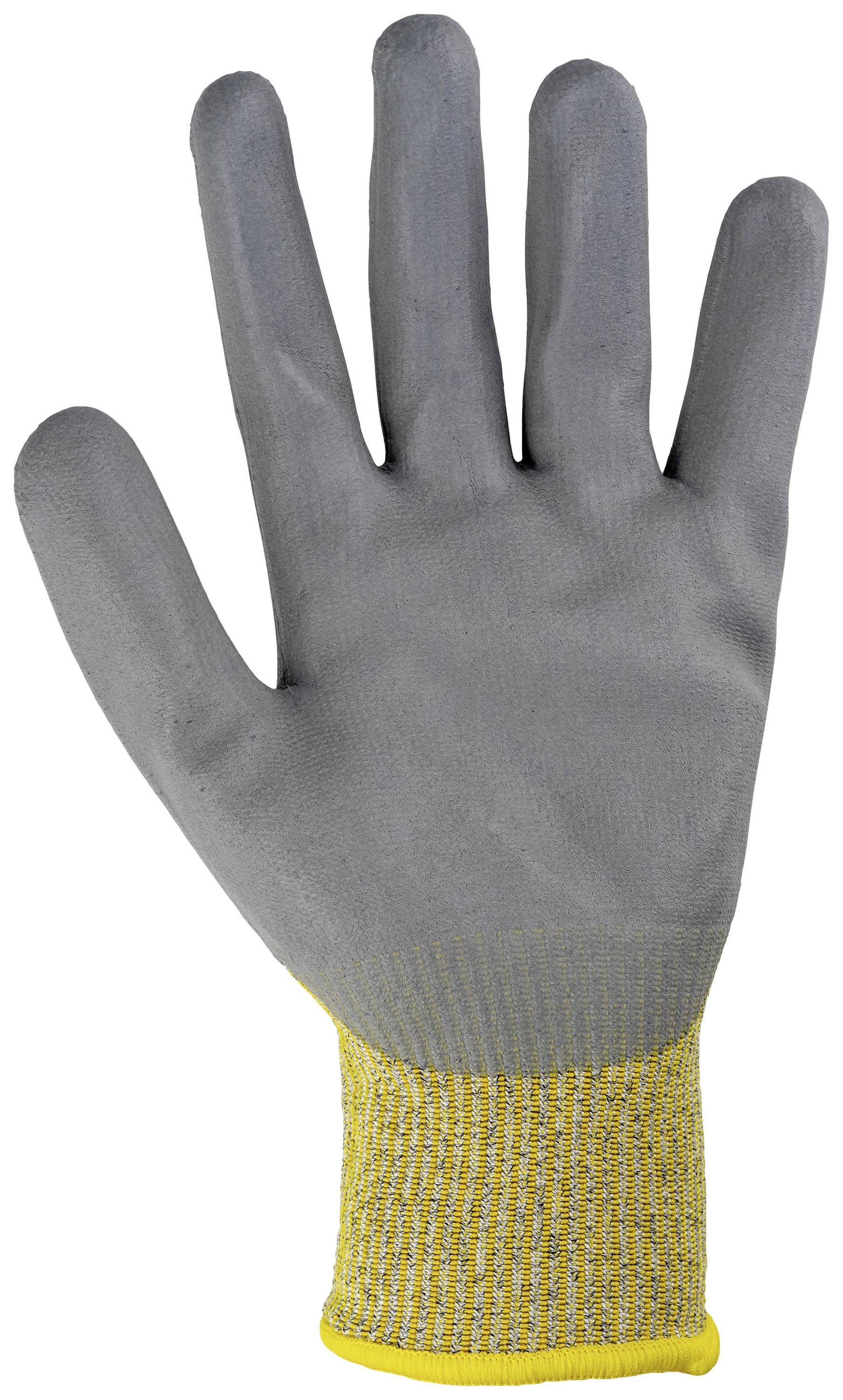 Gant de travail gris avec poignet jaune, anatomiquement moulé pour la main droite, adapté aux activités industrielles.