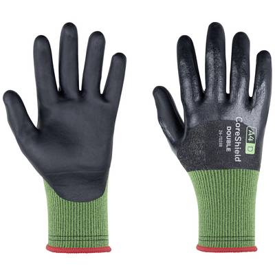 Deux gants de sécurité noirs avec un poignet vert, l'un vu de dessus et l'autre de dessous. Le texte 'CoreShield' est visible sur l'un des gants.