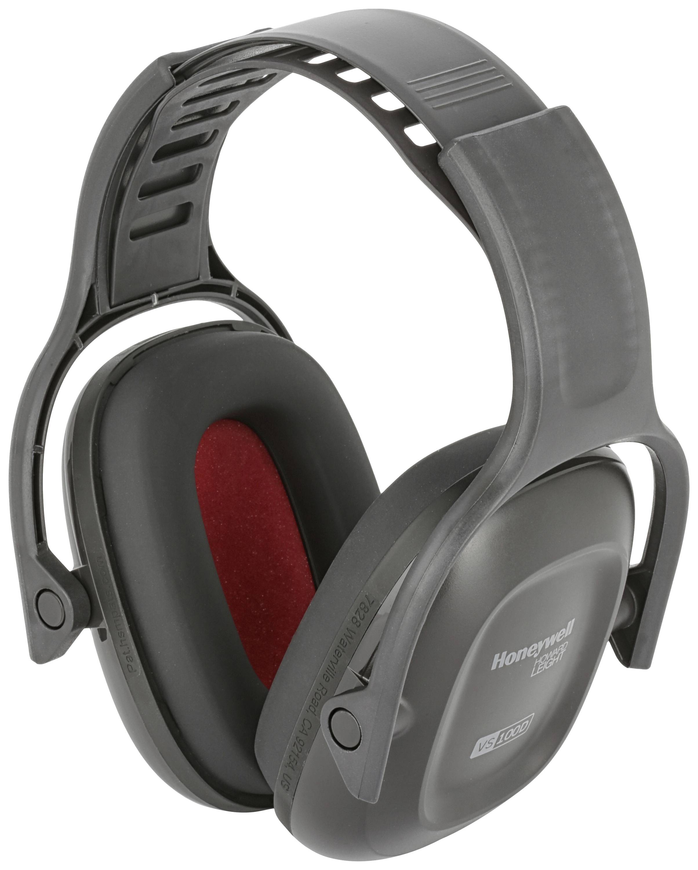 Casque audio avec cadre noir et coussinets d'oreille rouges. Principalement conçu pour la protection auditive dans des environnements bruyants.