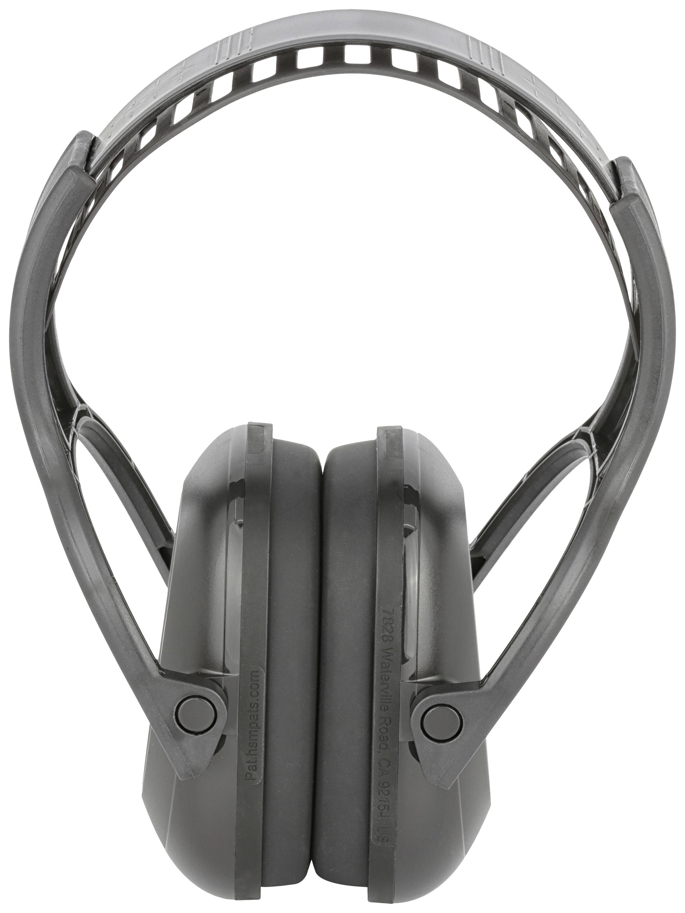 Une paire de protège-oreilles gris, amortisseurs de son, présentés de face. Ils sont dotés d'un bandeau réglable et sont conçus pour l'isolation acoustique.