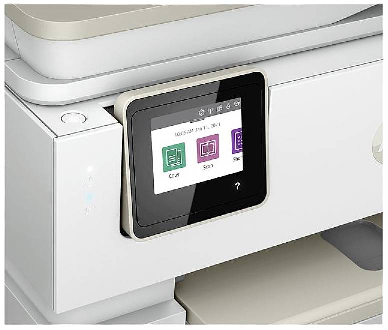 Une imprimante avec un écran affiche les options : « Copier », « Numériser » et « Partager ».