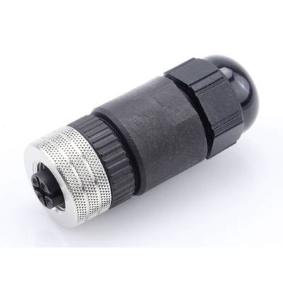 Connecteur de capteur métallique avec verrouillage rotatif cannelé et corps en plastique noir ; adapté aux applications industrielles.