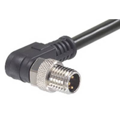 Un câble noir avec une fiche à angle droit, sur laquelle est fixée une connexion argentée striée comportant plusieurs broches.