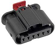 Connecteur électrique noir avec clip rouge et cinq bornes de connexion, utilisé dans les systèmes automobiles ou électroniques.