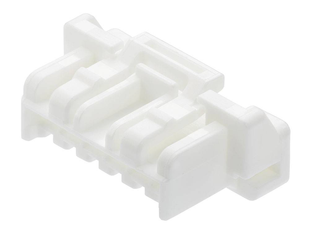 Une pièce en plastique blanche, rectangulaire, présentant plusieurs encoches et reliefs, probablement un élément de connexion ou un adaptateur.