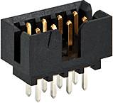 'Connecteur électrique noir avec contacts dorés et huit broches métalliques. Vue latérale du composant.'