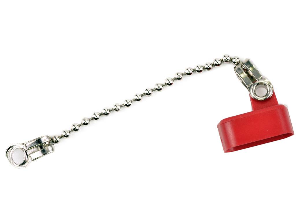Un couvercle en plastique rouge avec une chaîne argentée permettant une fixation des deux côtés.