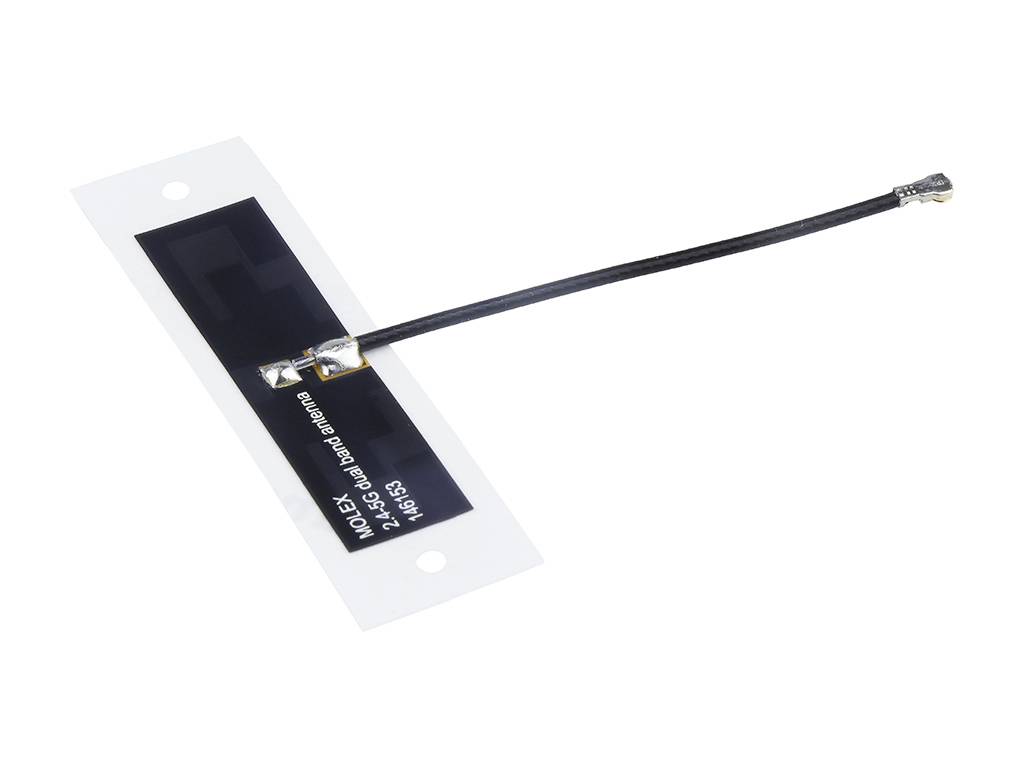 Une antenne en feuille noire avec un câble fin connecté, composée d'un petit module rectangulaire.