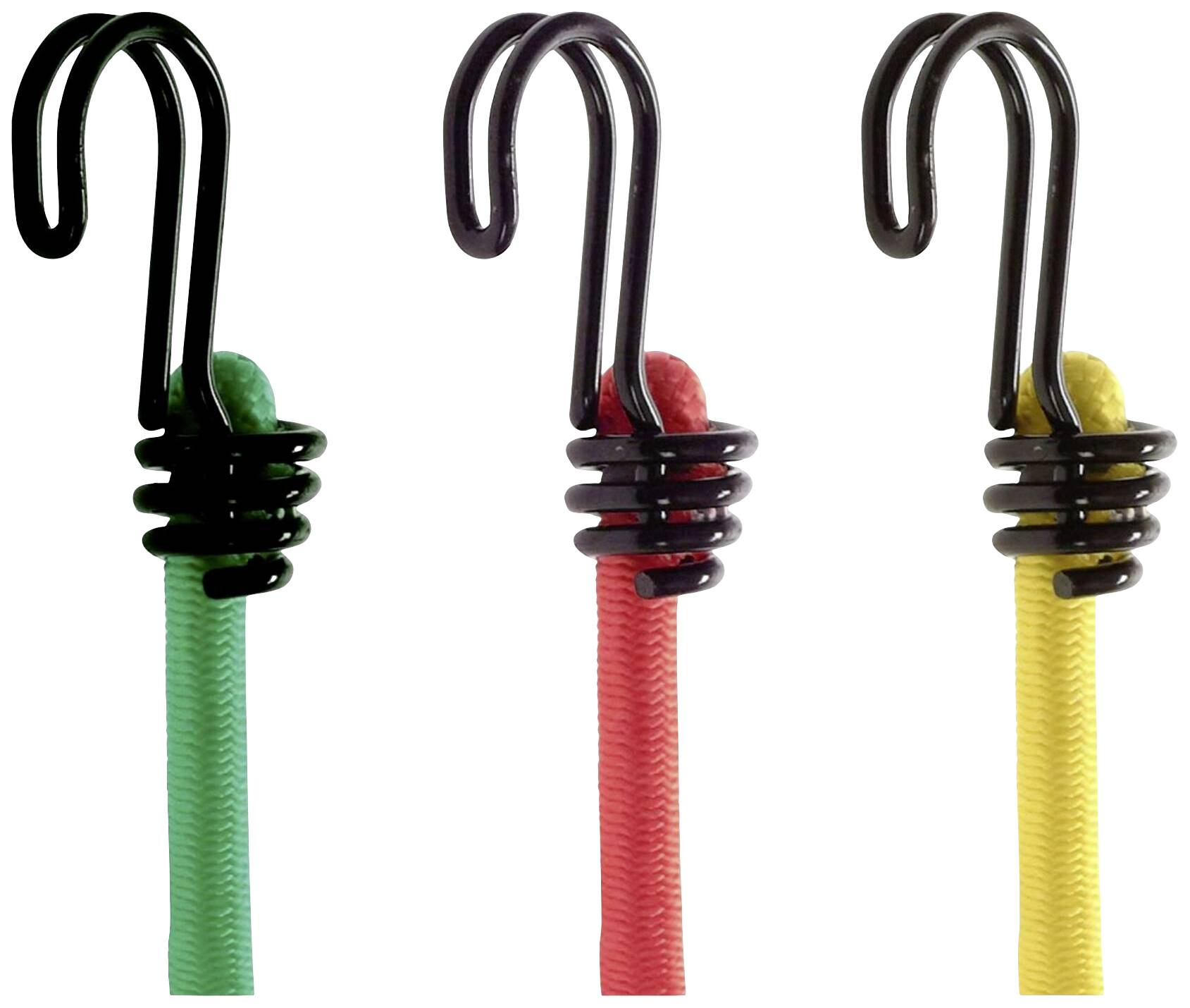 Trois sangles élastiques de tension en vert, rouge et jaune, avec des crochets noirs, alignées côte à côte.