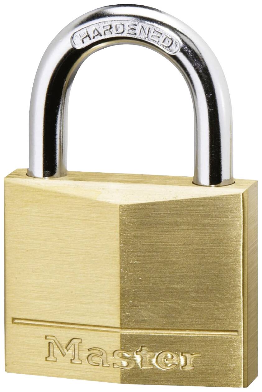 Un cadenas en métal doré avec un logo 'Master' gravé sur l'avant. L'anse est en acier et porte l'inscription 'Hardened'.