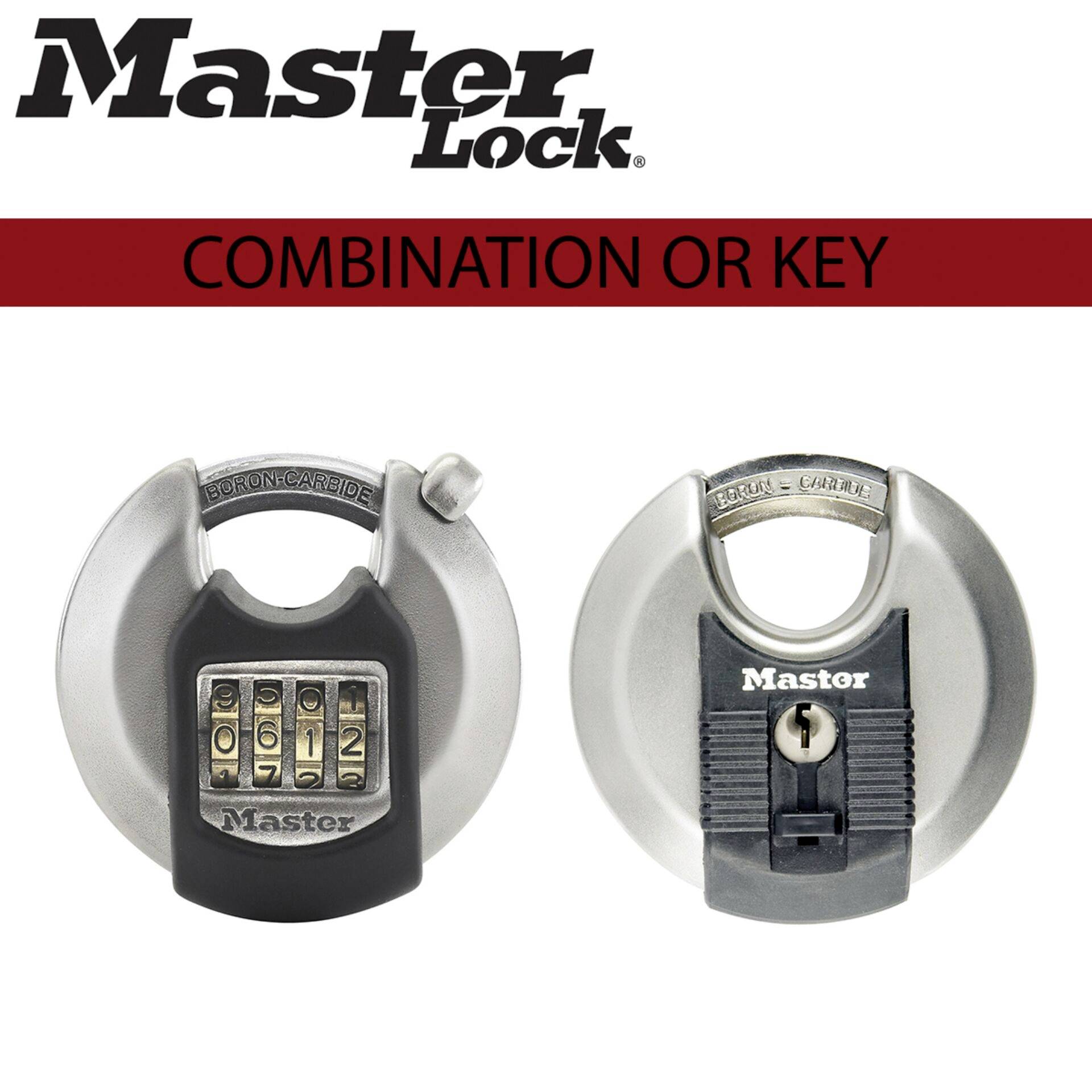 Deux cadenas ronds de la marque Master Lock. À gauche, un cadenas à combinaison, à droite, un cadenas avec un trou de serrure.