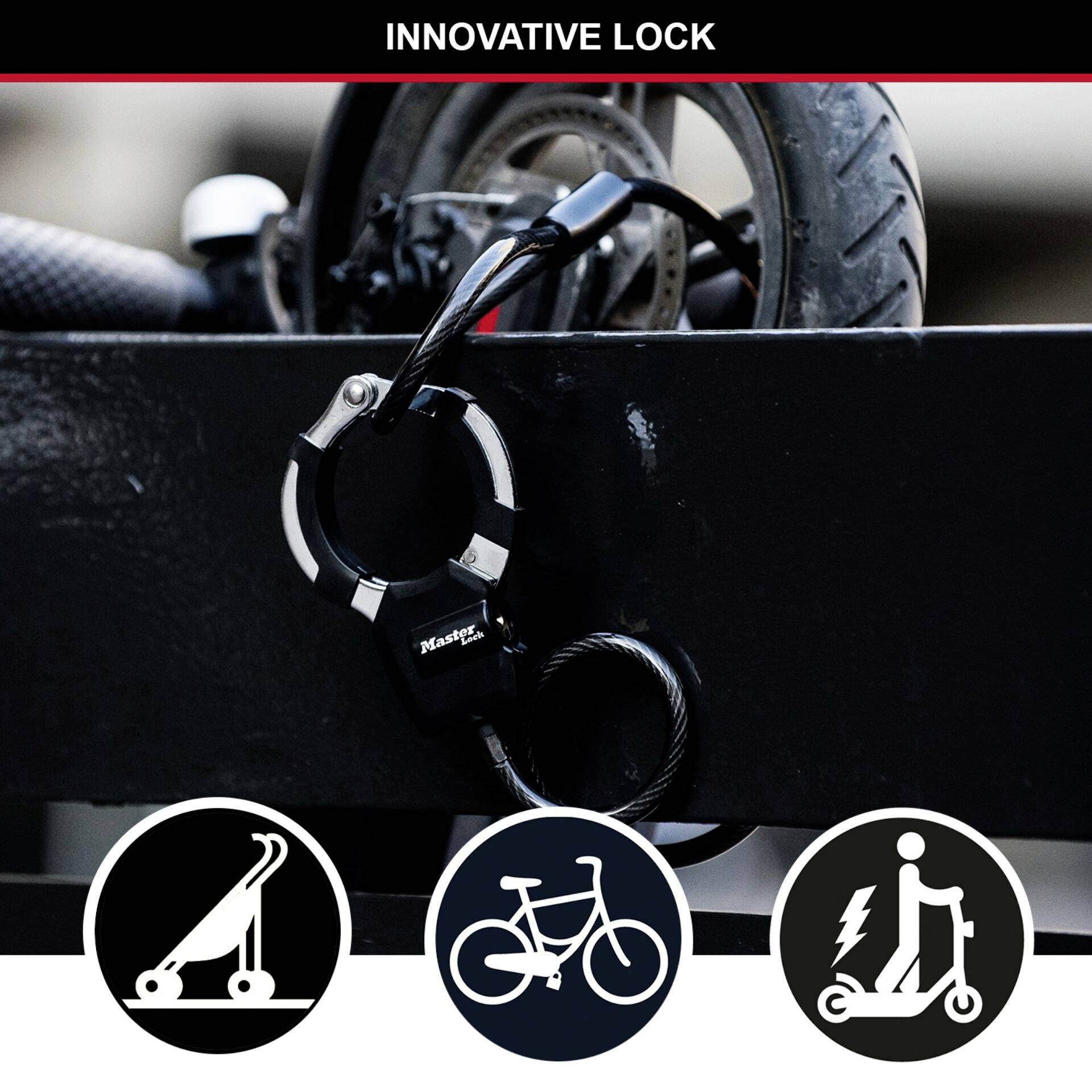 Une trottinette électrique sécurisée avec un antivol. En dessous, des pictogrammes indiquant le verrouillage des trottinettes et des vélos à côté d'une trottinette chargée.