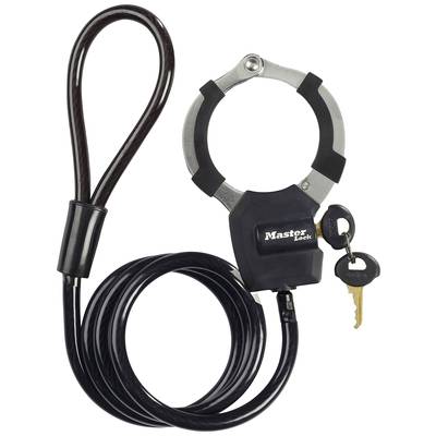 Un cadenas de vélo noir en spirale avec un cadenas à combinaison et deux clés, représenté avec le nom de marque 'Master Lock'.