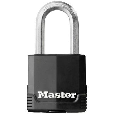 Un cadenas noir avec un arceau argenté. Sur le cadenas est inscrit 'Master'.