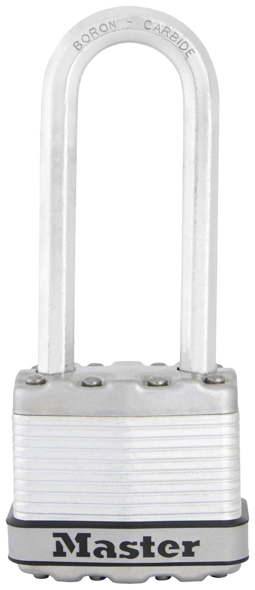 Un cadenas en métal argenté portant l'inscription 'Master' en bas. Il possède un long arceau et semble robuste et sécurisé.