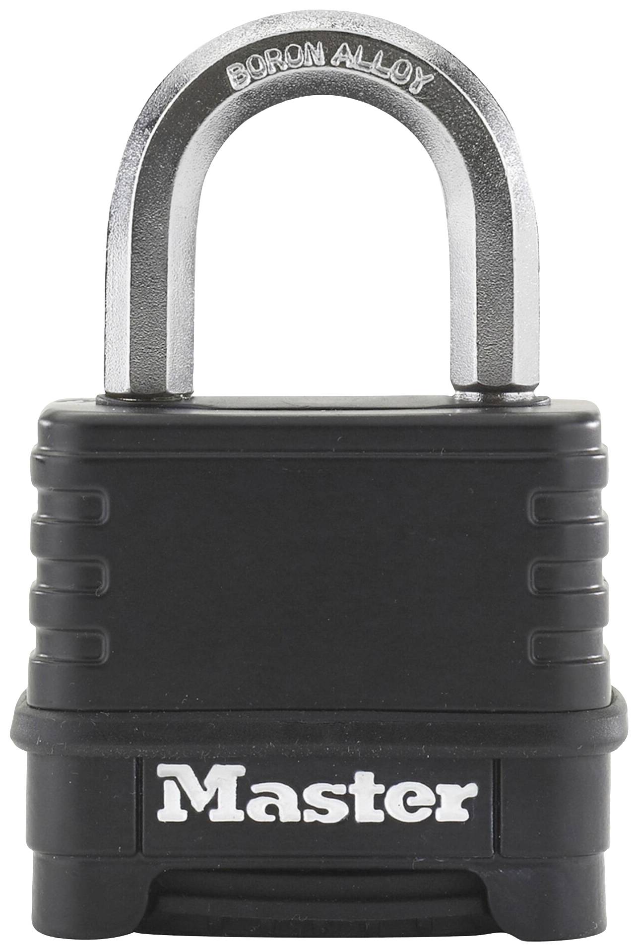 Un cadenas noir en alliage de bore avec un arceau chromé. Sur la face avant est inscrit 'Master'.