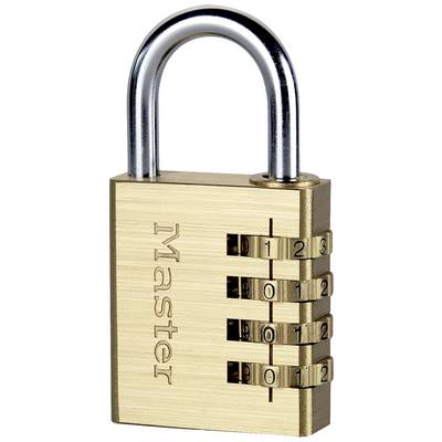 Un cadenas à combinaison en laiton avec quatre roues numérotées, chaque roue pouvant être réglée de 0 à 9. Le mot 'Master' est gravé sur la gauche.