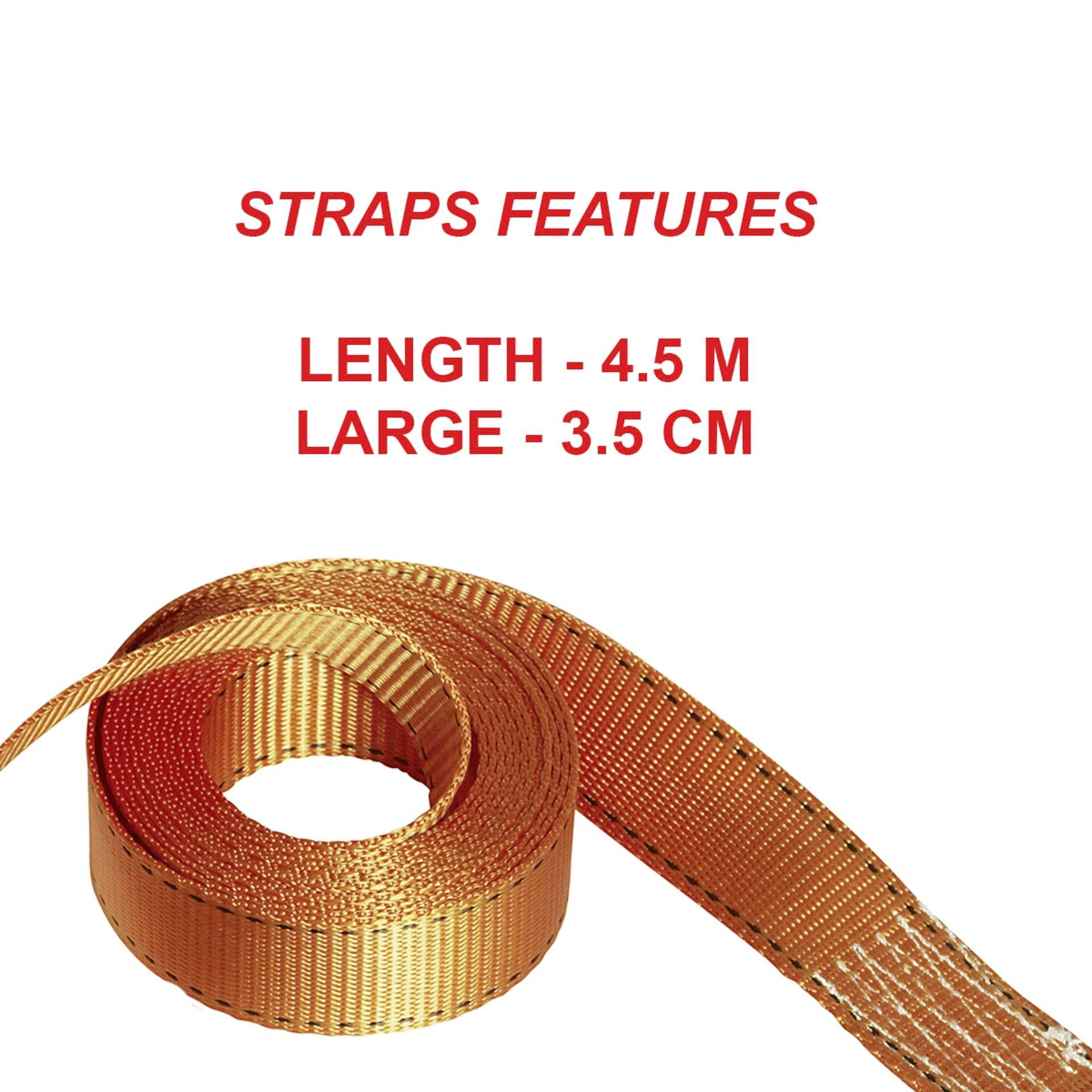 Une sangle orange avec les caractéristiques suivantes : longueur 4,5 m, largeur 3,5 cm. Le texte 'STRAPS FEATURES' est en haut.