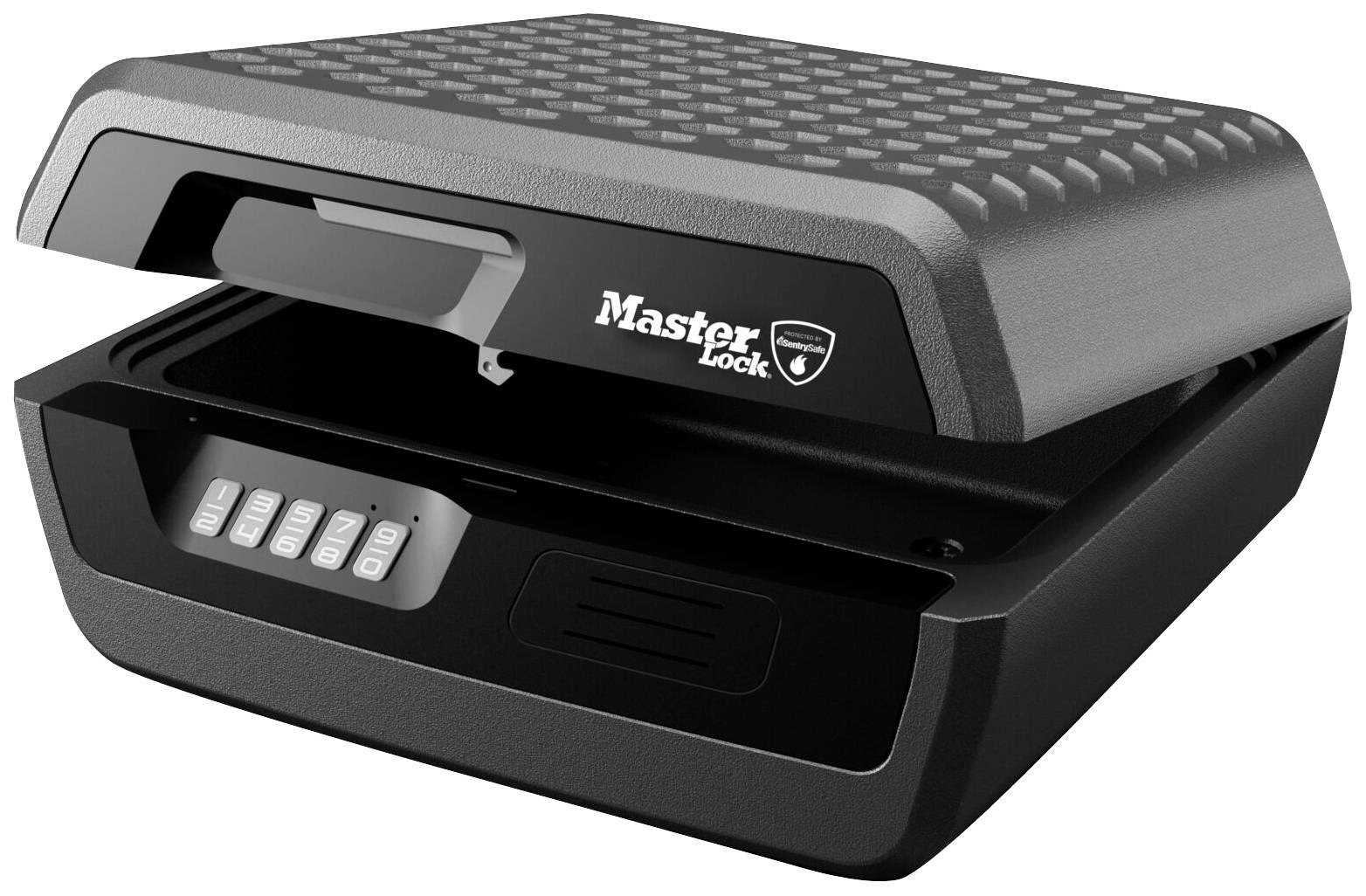 Coffre-fort électronique avec couvercle ouvert, clavier pour la saisie du code, logo de la marque 'Master Lock' visible sur le dessus.
