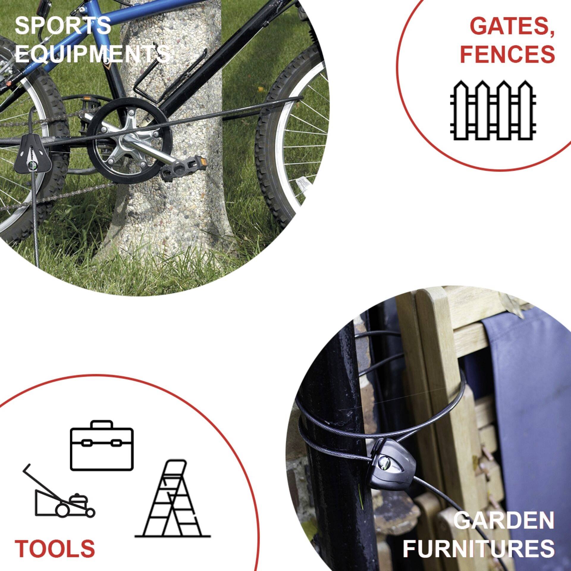 Un vélo est posé à côté d'un poteau de clôture. Deux graphiques circulaires montrent des symboles pour 'ÉQUIPEMENT DE SPORT' et 'CLÔTURE, CLÔTURES' ; 'OUTILS' et 'MEUBLES DE JARDIN'.