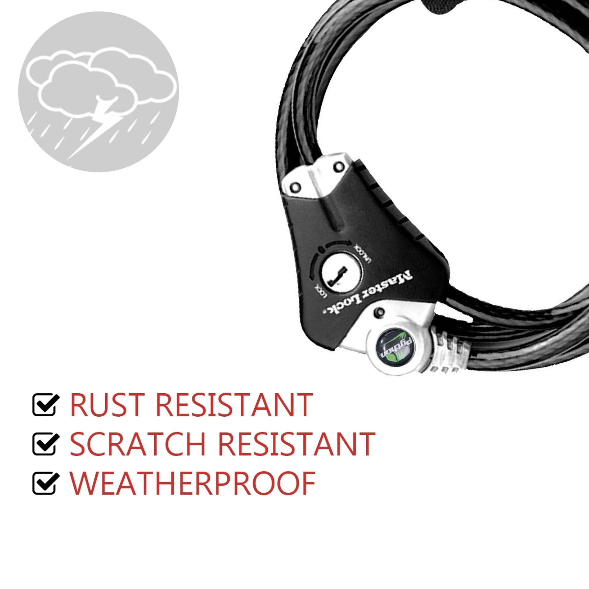 Un cadenas de vélo résistant aux intempéries avec câble noir. Texte indiquant 'inoxydable', 'résistant aux rayures' et 'imperméable' avec des coches. Symbole de nuage pour la pluie.