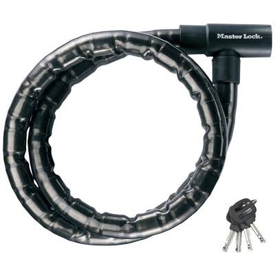 Un cadenas de vélo noir de la marque 'Master Lock' avec un système de verrouillage à clé, à côté duquel sont posées quatre clés.