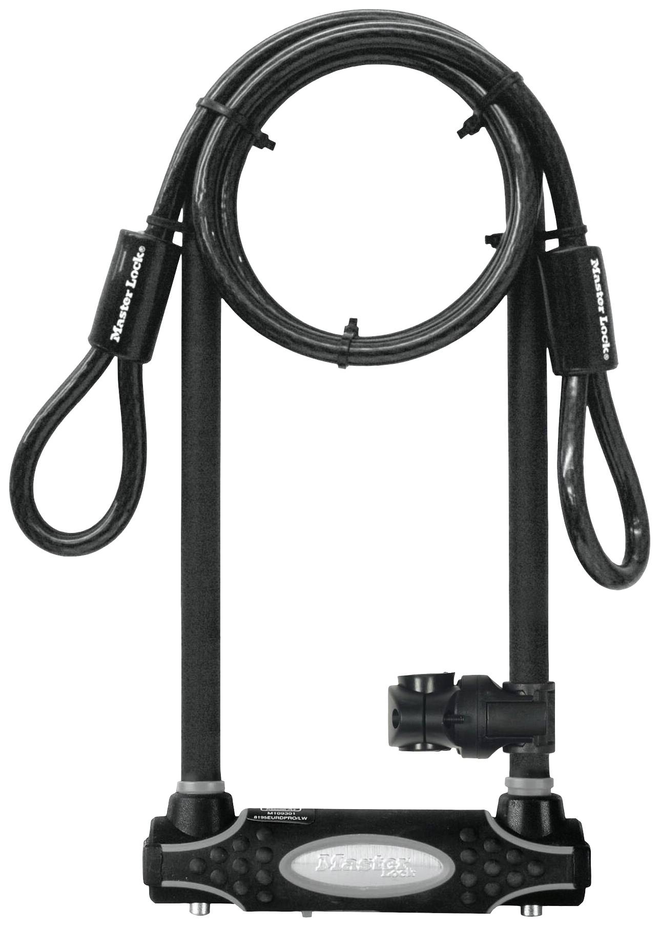 Un antivol en U noir et robuste pour vélos, avec câble supplémentaire, offrant une sécurité renforcée grâce à sa conception renforcée.