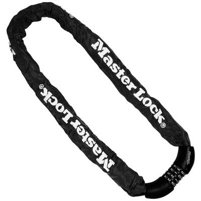 Un cadenas noir à chaîne avec une combinaison de quatre chiffres et l'inscription 'Master Lock' sur son boîtier de protection.