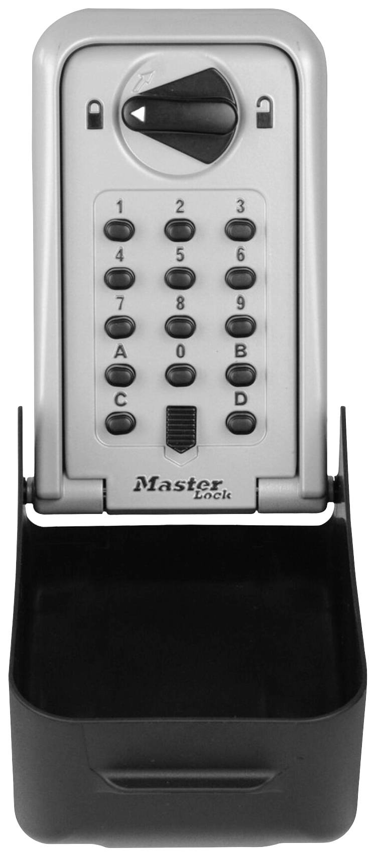 Coffre-fort à code numérique et bouton rotatif pour plus de sécurité. Adapté pour le rangement des clés. Marquage : 'Master Lock'.