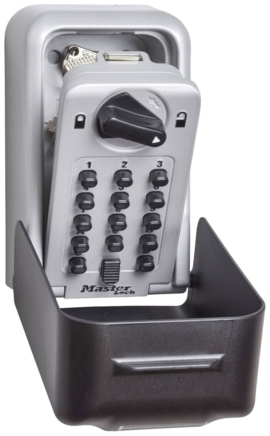 Serrure électronique à chiffres avec rabat ouvert, clavier visible pour la saisie du code PIN et bouton rotatif.