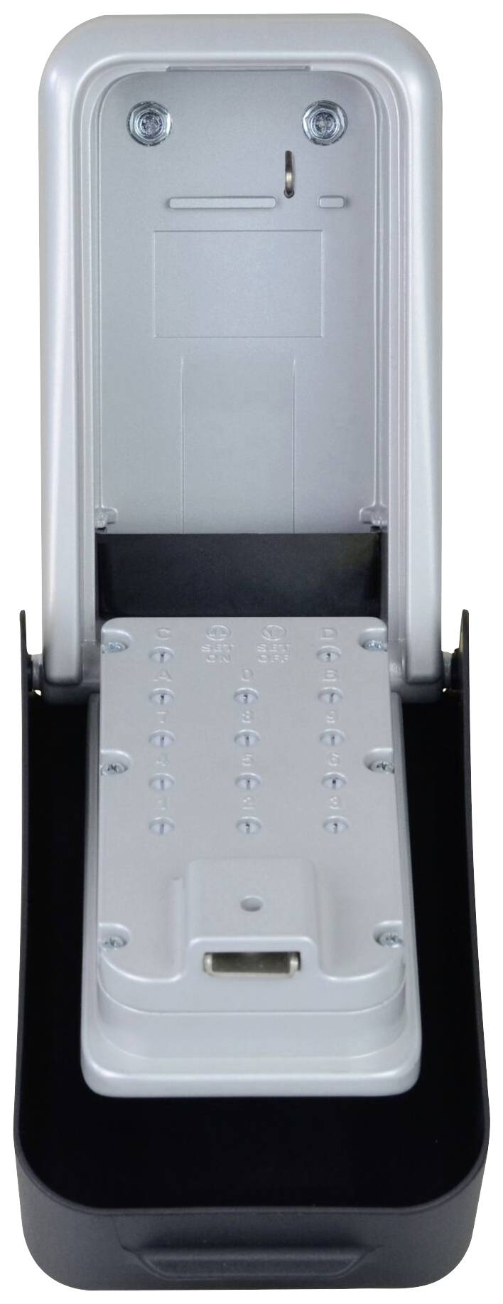 'Support mural ouvert pour le rangement des clés, avec de la place pour plusieurs clés et un mécanisme coulissant pour verrouiller.'