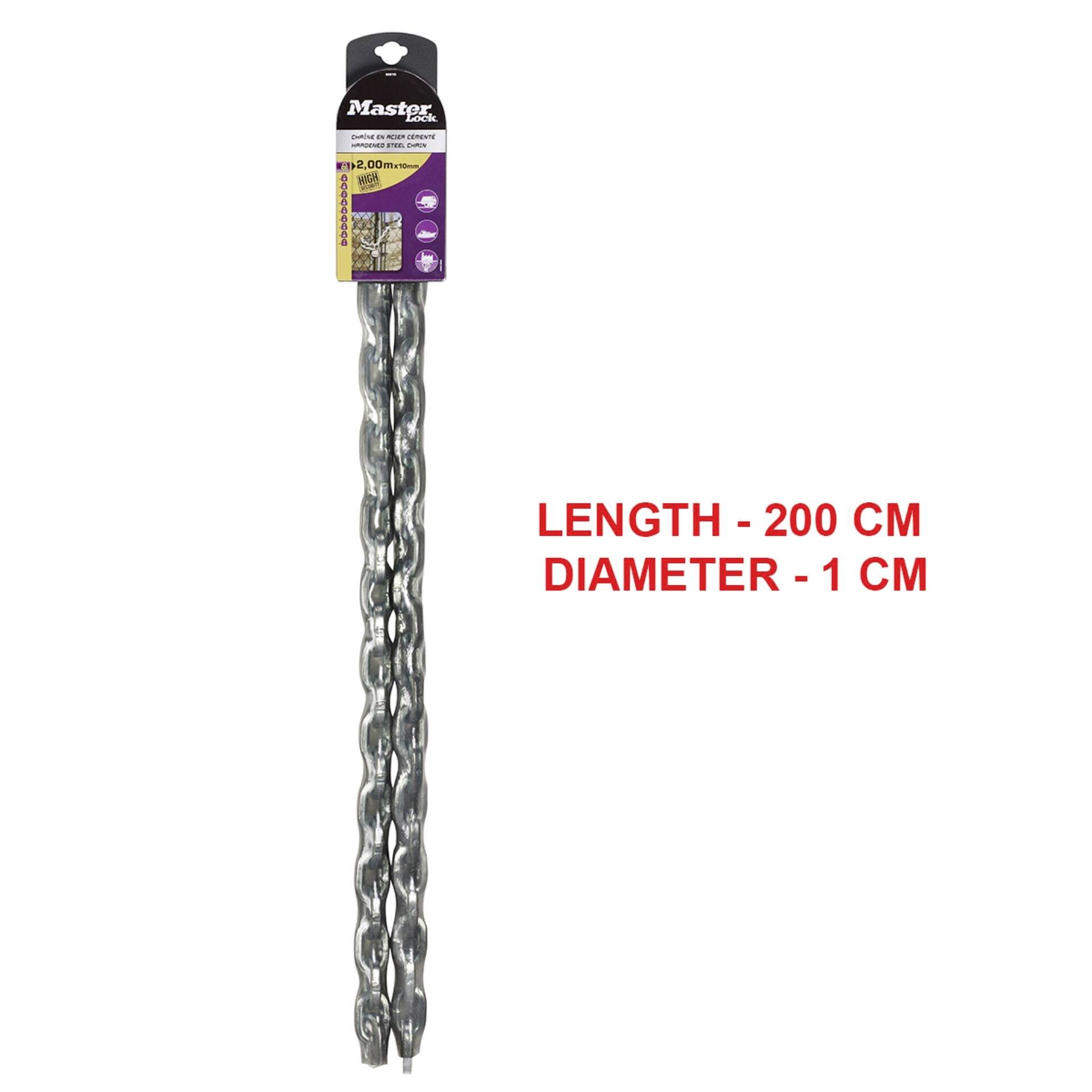 Chaîne en métal, longueur : 200 cm, diamètre : 1 cm, suspendue à un crochet avec étiquette. Forme carrée des maillons de chaîne clairement visible.