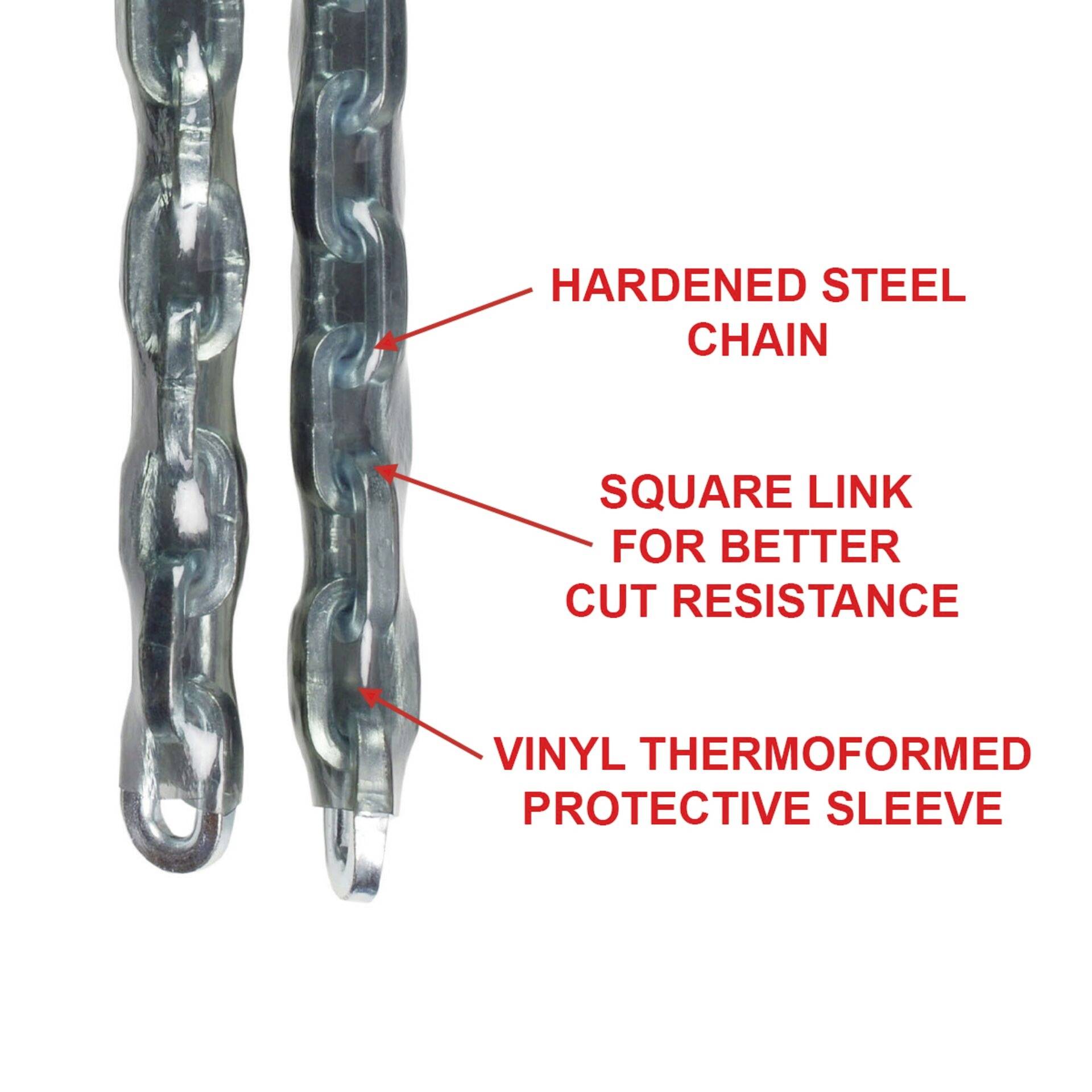 Chaîne en acier avec revêtement en vinyle, présentant une connexion de maillons carrés pour une résistance à la coupure améliorée.