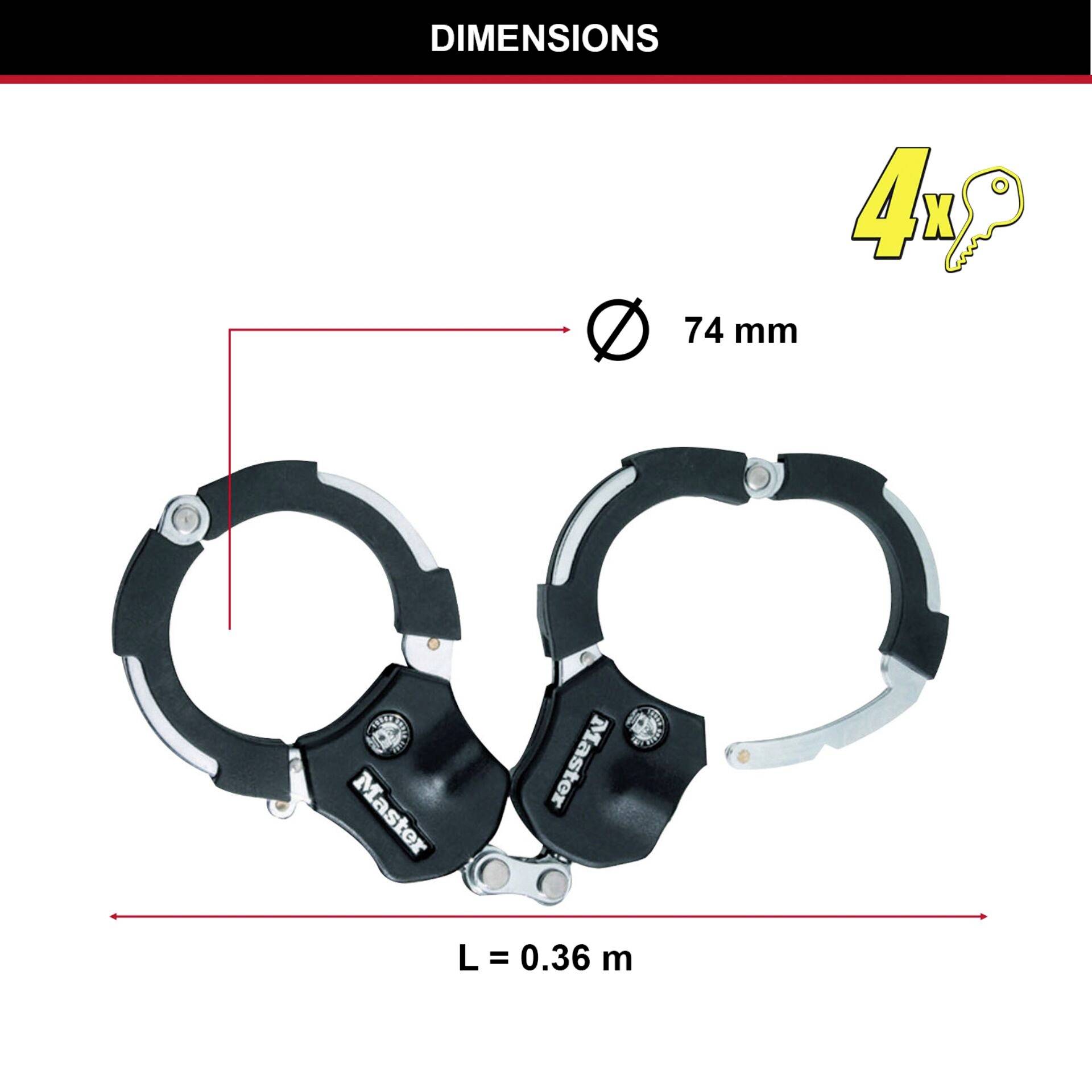 Menottes avec un diamètre de 74 mm, longueur 0,36 m. Contient 4 clés.