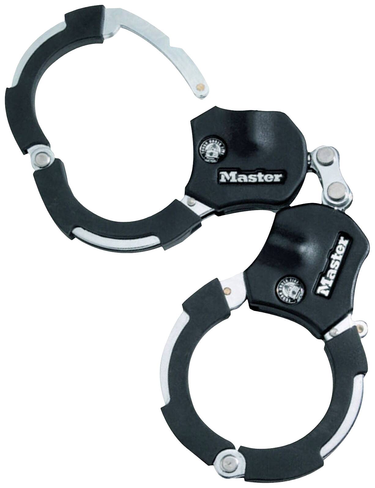 Deux menottes ouvertes noires de la marque 'Master', sur un fond blanc.
