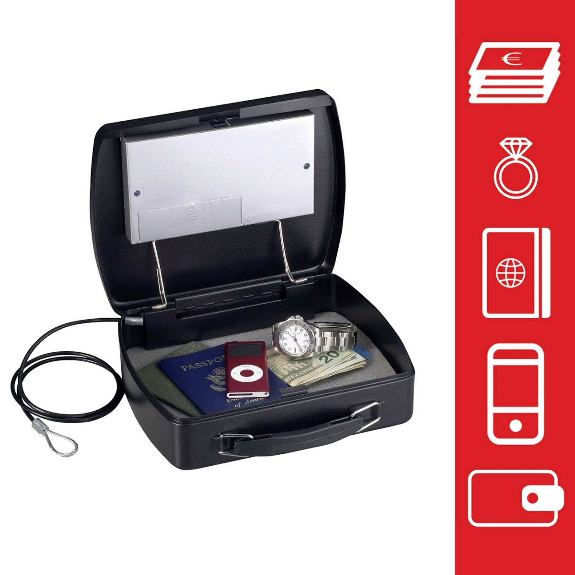 Un coffre-fort noir contient de l'argent, une montre, un iPod et un passeport. À droite, des symboles représentant l'argent, les bijoux, le passeport et le téléphone portable, indiquant que le coffre-fort protège les objets de valeur.