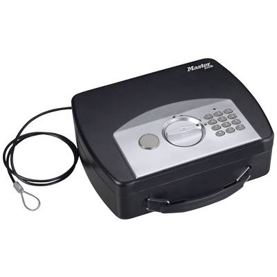 Coffre-fort compact, noir, équipé d'un clavier numérique digital et d'une serrure de sécurité. Un câble de sécurité est fixé sur le côté.