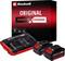 Une image montre deux chargeurs Einhell avec chacun deux batteries. Les chargeurs conviennent aux batteries Einhell Power X-Change 18V.