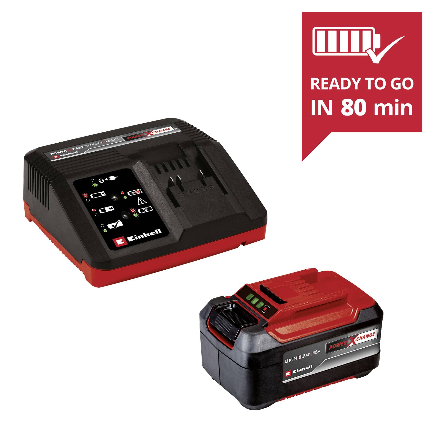 Un chargeur rapide et une batterie portant l'inscription « PRÊT EN 80 min ». Le chargeur et la batterie font partie du système Einhell Power X-Change.