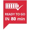 Un symbole rouge avec une icône de batterie, une coche, et le texte « PRÊT À PARTIR DANS 80 min », indiquant une charge rapide.